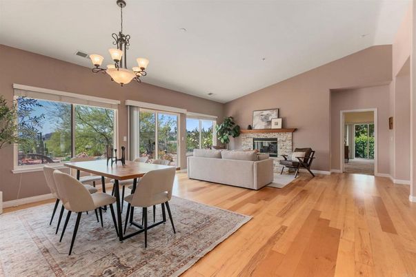 Chandelier, Dining room, Fireplace, Interior, Living room, Wood Texture Flooring