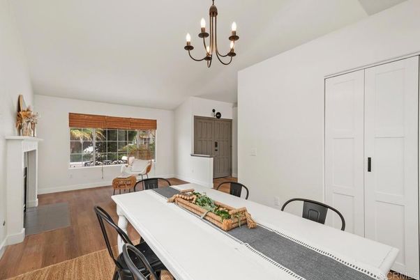 Chandelier, Dining room, Fireplace, Interior, Wood Texture Flooring