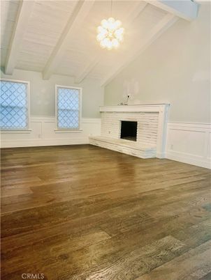 Empty room, Fireplace, Interior, Pendant Lights, Wood Texture Flooring