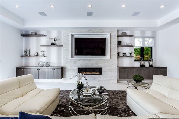 Fireplace, Interior, Living room, Recessed Lighting, Stone Walls
