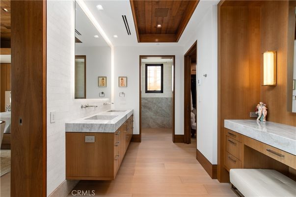 Bathroom, Dual Sink Vanities, Interior, Recessed Lighting, Wooden Ceilings, Wood Texture Flooring