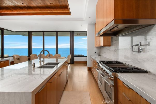 Interior, Kitchen, Recessed Lighting, Stainless Steel Appliances, Water, Wooden Ceilings, Wood Texture Flooring