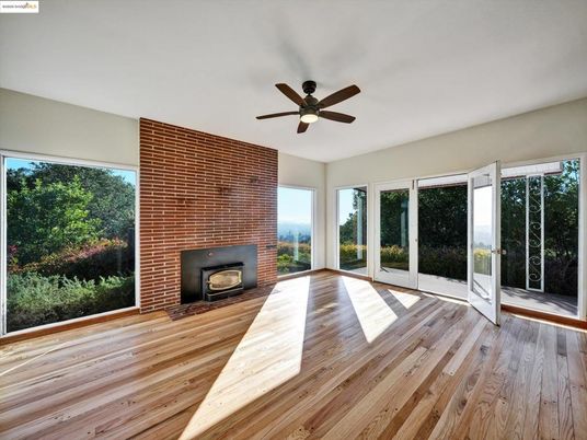 Empty room, Fireplace, Interior, Stone Walls, Wood Texture Flooring