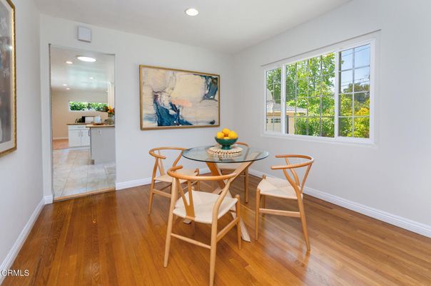 Dining room, Interior, Recessed Lighting, Wood Texture Flooring