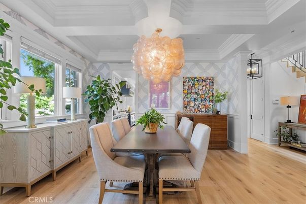 Chandelier, Dining room, Interior, Wood Texture Flooring
