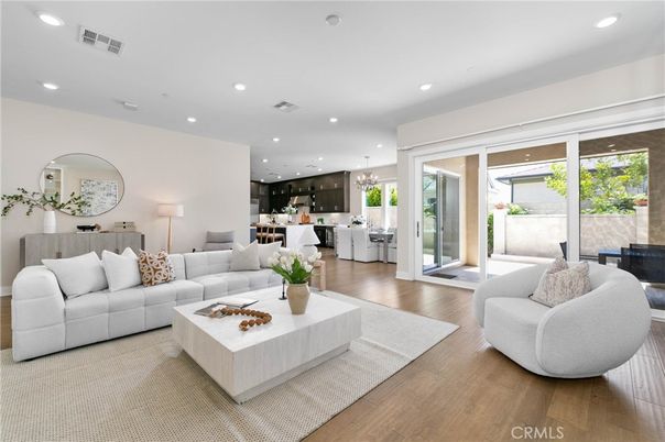 Chandelier, Dining room, Interior, Kitchen, Living room, Pendant Lights, Recessed Lighting, Wood Texture Flooring