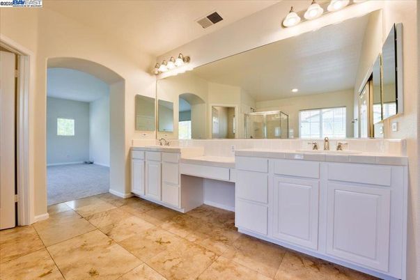 Bathroom, Dual Sink Vanities, Interior, Recessed Lighting, Tile Countertops