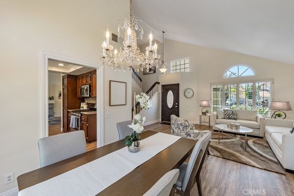 Chandelier, Dining room, Interior, Kitchen, Living room, Recessed Lighting, Wood Texture Flooring
