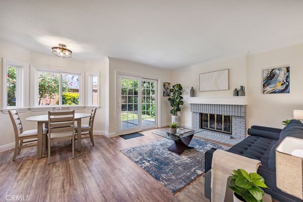 Dining room, Fireplace, Interior, Living room, Wood Texture Flooring
