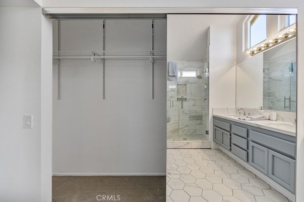 Bathroom, Dual Sink Vanities, Glass Shower, Interior, Marble Walls