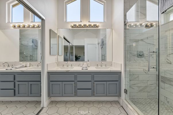 Bathroom, Dual Sink Vanities, Glass Shower, Interior, Marble Walls