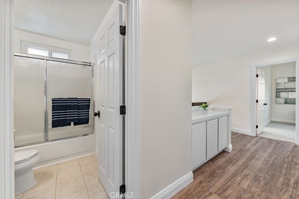 Bathroom, Glass Shower, Interior, Recessed Lighting, Wood Texture Flooring
