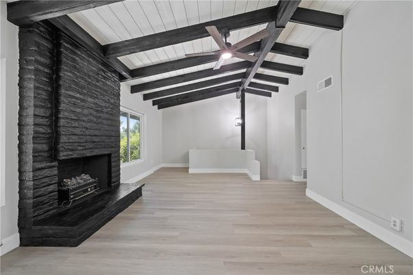 Empty room, Fireplace, Interior, Wooden Beams, Wood Texture Flooring