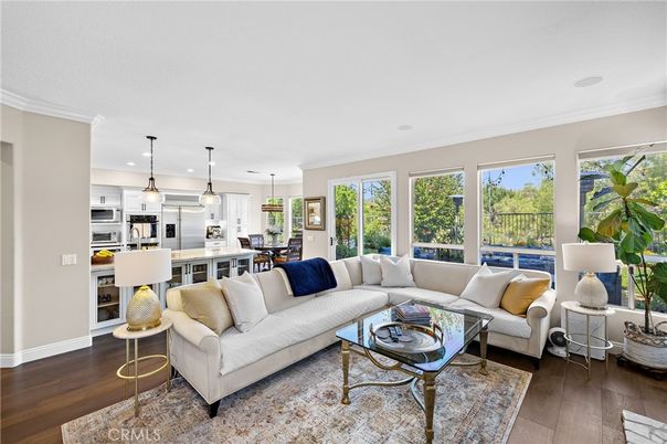 Dining room, Interior, Kitchen, Living room, Pendant Lights, Recessed Lighting, Stainless Steel Appliances, Wood Texture Flooring