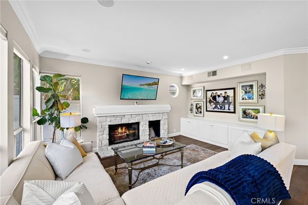 Fireplace, Interior, Living room, Recessed Lighting, Wood Texture Flooring