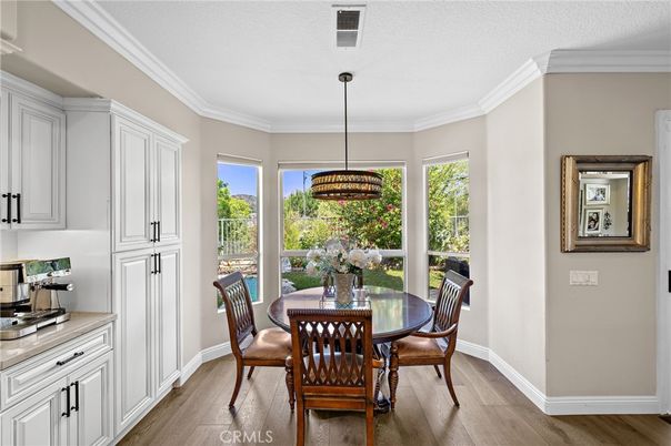 Dining room, Interior, Pendant Lights, Wood Texture Flooring