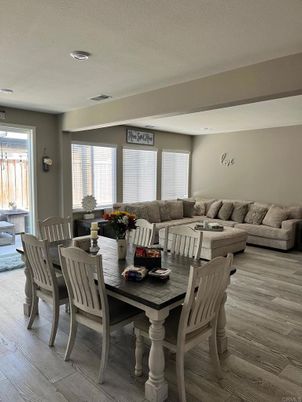 Dining room, Interior, Living room, Recessed Lighting, Wood Texture Flooring
