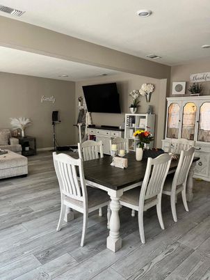 Dining room, Interior, Recessed Lighting, Wood Texture Flooring