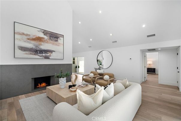 Fireplace, Interior, Living room, Recessed Lighting, Wood Texture Flooring