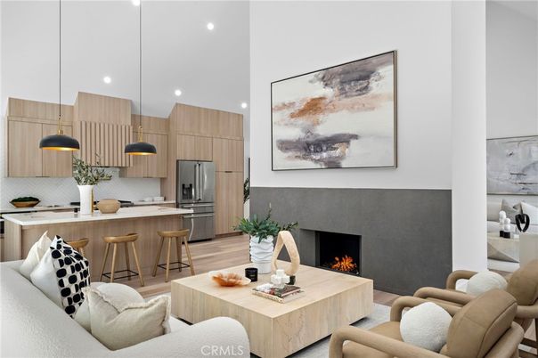Fireplace, Interior, Kitchen, Living room, Pendant Lights, Recessed Lighting, Stainless Steel Appliances, Wood Texture Flooring