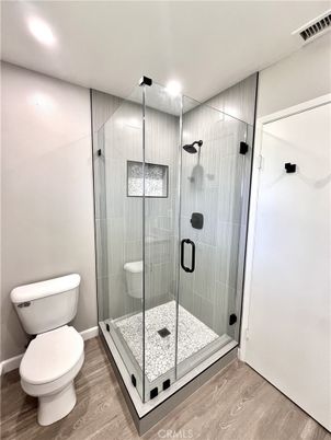 Bathroom, Glass Shower, Interior, Recessed Lighting, Wood Texture Flooring