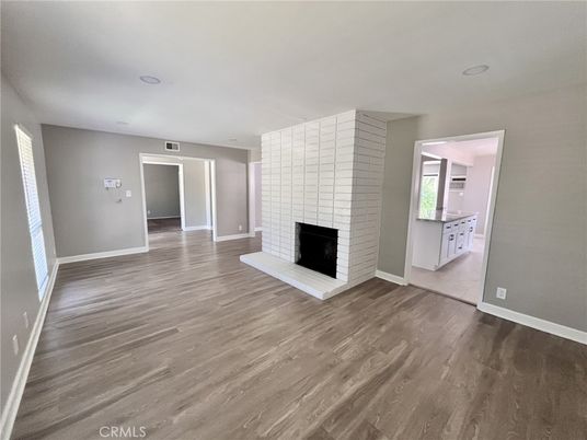 Empty room, Fireplace, Interior, Recessed Lighting, Wood Texture Flooring