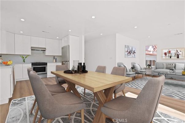 Dining room, Interior, Kitchen, Living room, Recessed Lighting, Wood Texture Flooring