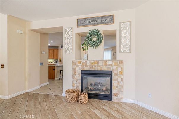 Fireplace, Interior, Kitchen, Recessed Lighting, Wood Texture Flooring