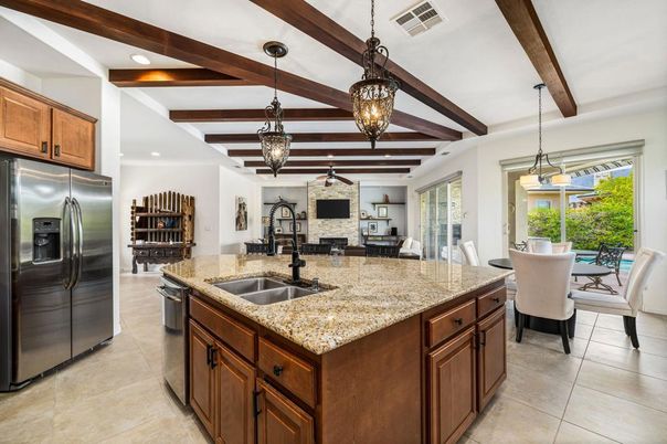 Dining room, Fireplace, Interior, Kitchen, Pendant Lights, Recessed Lighting, Stainless Steel Appliances, Wooden Beams