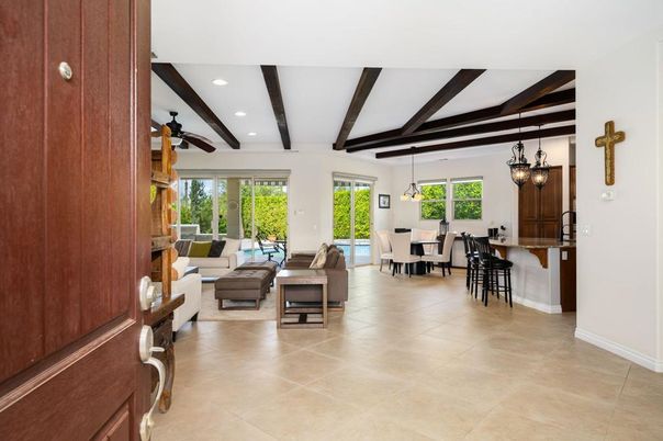 Dining room, Interior, Living room, Pendant Lights, Recessed Lighting, Wooden Beams