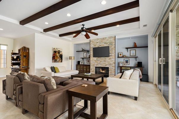 Fireplace, Interior, Living room, Recessed Lighting, Stone Walls, Wooden Beams