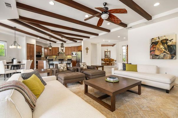 Dining room, Interior, Kitchen, Living room, Pendant Lights, Recessed Lighting, Stainless Steel Appliances, Wooden Beams
