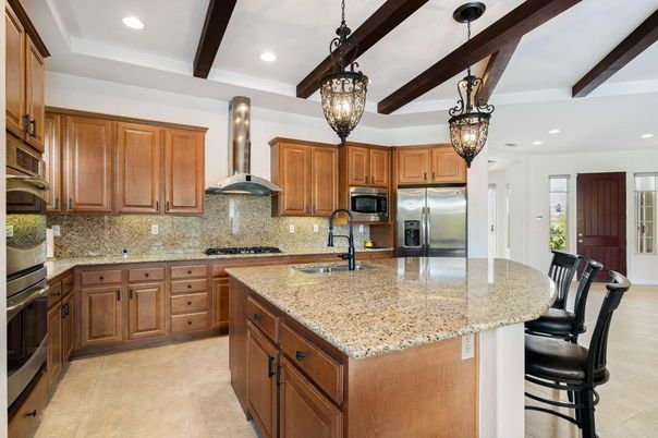 Interior, Kitchen, Pendant Lights, Recessed Lighting, Stainless Steel Appliances, Wooden Beams