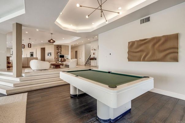 Billiard Table, Game Room, Interior, Pendant Lights, Recessed Lighting, Wood Texture Flooring