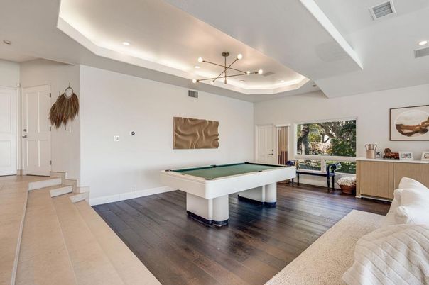 Billiard Table, Game Room, Interior, Pendant Lights, Recessed Lighting, Wood Texture Flooring