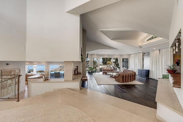 Fireplace, Interior, Living room, Recessed Lighting, Water, Wood Texture Flooring