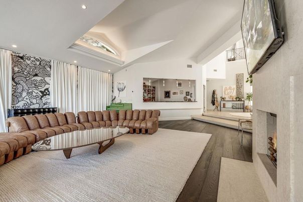 Fireplace, Interior, Living room, Recessed Lighting, Wood Texture Flooring