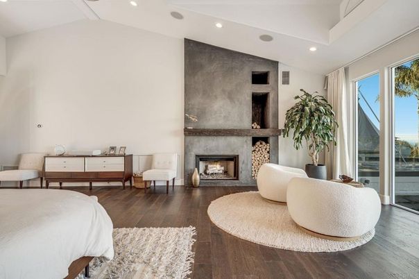 Bedroom, Fireplace, Interior, Recessed Lighting, Wood Texture Flooring
