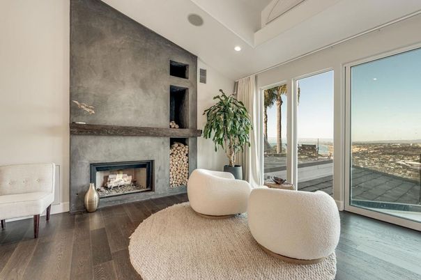 Fireplace, Interior, Recessed Lighting, Water, Wood Texture Flooring