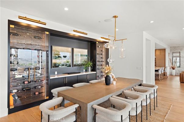Dining room, Interior, Pendant Lights, Recessed Lighting, Wine Storage, Wood Texture Flooring