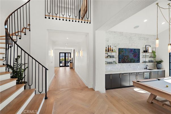 Billiard Table, Game Room, Interior, Pendant Lights, Recessed Lighting, Stone Walls, Wood Texture Flooring