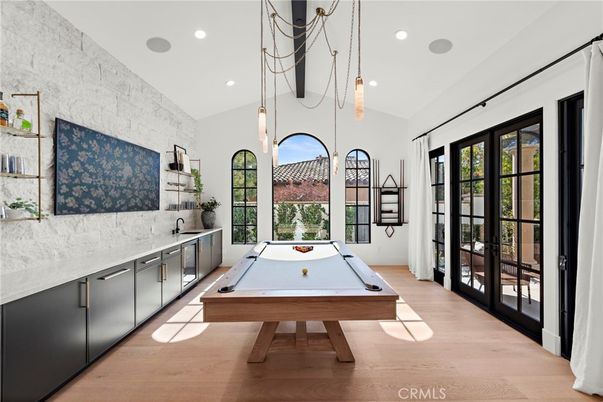 Billiard Table, Game Room, Interior, Pendant Lights, Recessed Lighting, Wood Texture Flooring