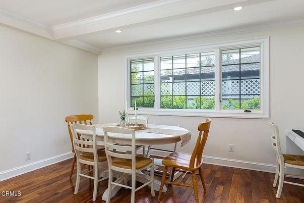 Dining room, Interior, Recessed Lighting, Wood Texture Flooring