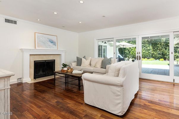 Fireplace, Interior, Living room, Recessed Lighting, Wood Texture Flooring
