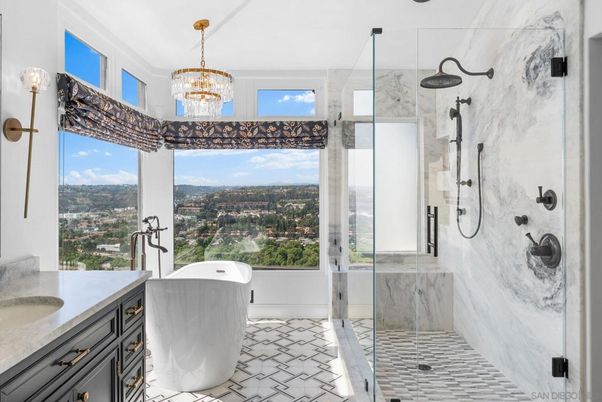 Bathroom, Chandelier, Free Standing Baths, Glass Shower, Interior, Marble Walls