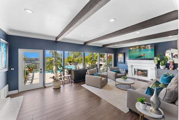 Fireplace, Interior, Living room, Recessed Lighting, Wooden Beams, Wood Texture Flooring