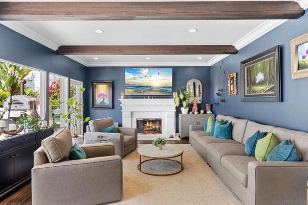Fireplace, Interior, Living room, Recessed Lighting, Wooden Beams, Wood Texture Flooring