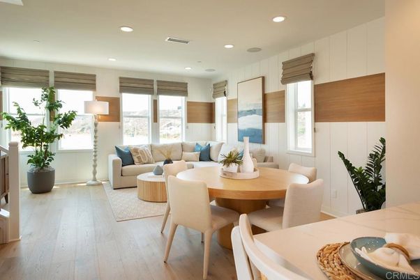 Dining room, Interior, Living room, Recessed Lighting, Wood Texture Flooring