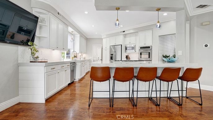 Interior, Kitchen, Pendant Lights, Recessed Lighting, Stainless Steel Appliances, Wood Texture Flooring