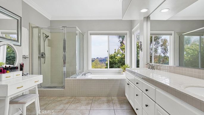 Bathroom, Dual Sink Vanities, Glass Shower, Interior, Recessed Lighting, Tile Countertops